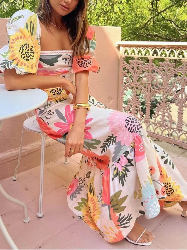 Ivy | Vestido maxi floral con escote cuadrado estilo vacacional