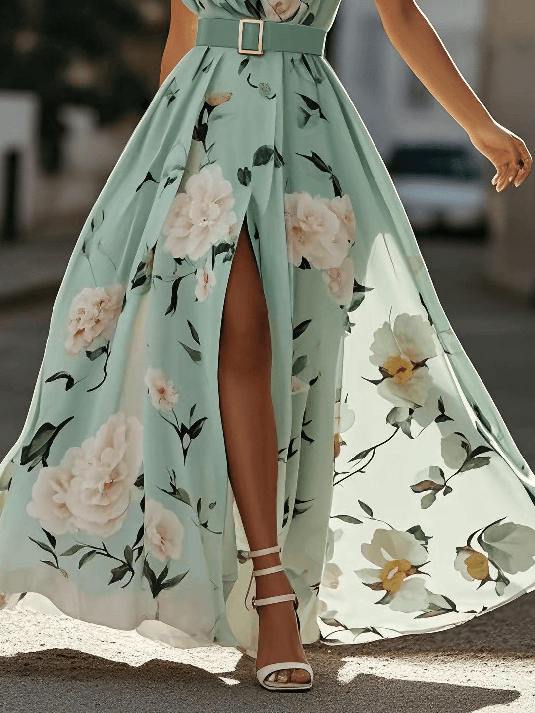Julie | Vestido maxi de gasa floral verde claro con un solo hombro