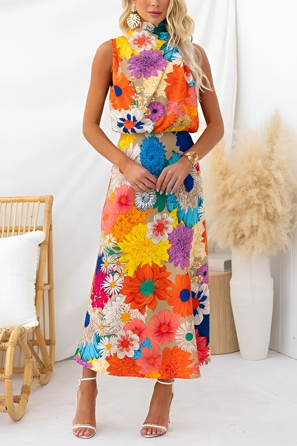 Summer | Vestido maxi floral sin mangas con cuello lazada y cintura entallada