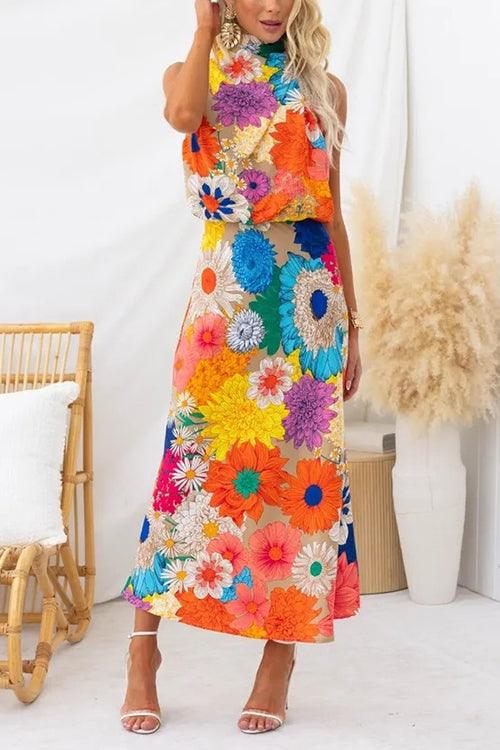 Summer | Vestido maxi floral sin mangas con cuello lazada y cintura entallada