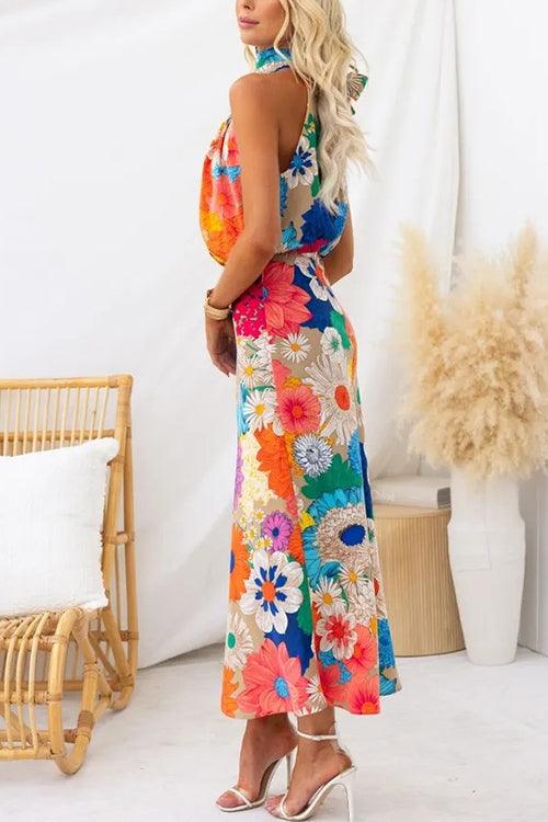 Summer | Vestido maxi floral sin mangas con cuello lazada y cintura entallada