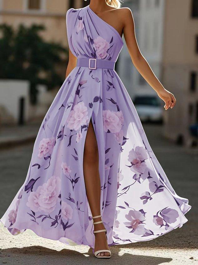 Julie | Vestido maxi de gasa floral verde claro con un solo hombro