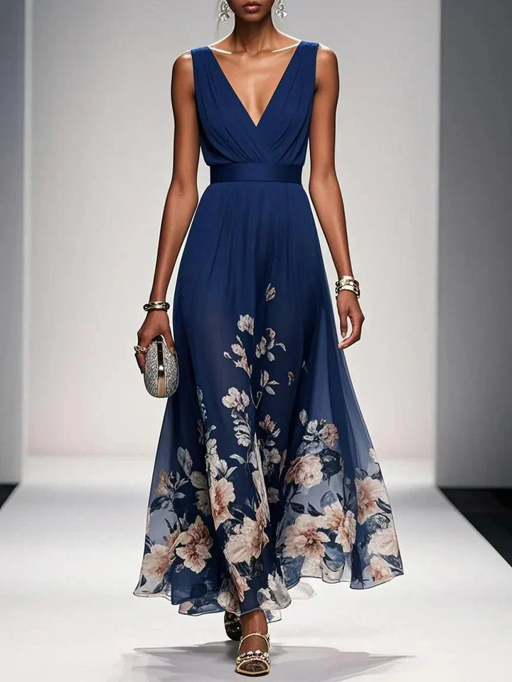 Rose | Vestido maxi de gasa floral azul claro con escote en V