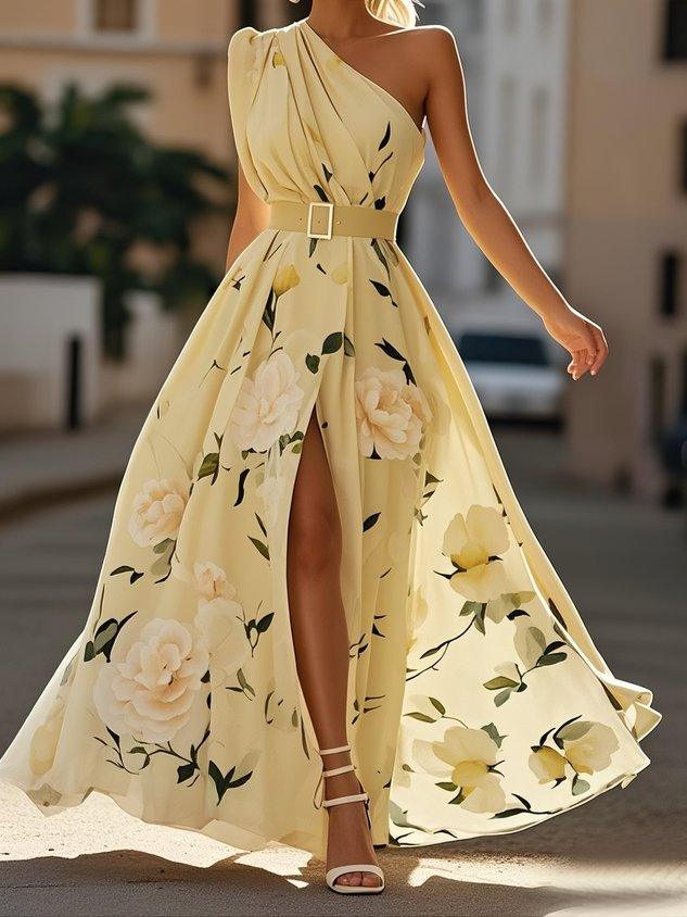 Julie | Vestido maxi de gasa floral verde claro con un solo hombro