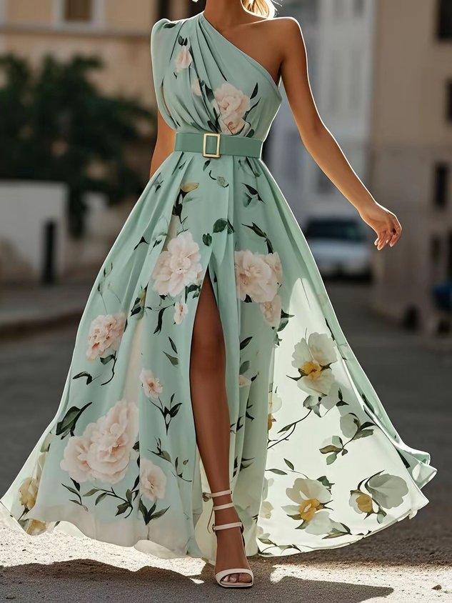 Julie | Vestido maxi de gasa floral verde claro con un solo hombro