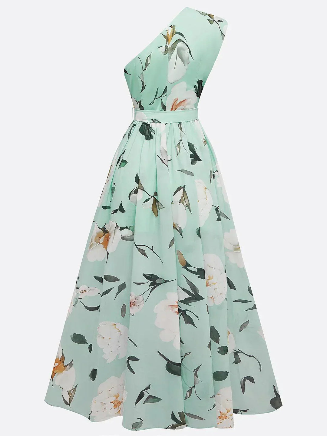 Julie | Vestido maxi de gasa floral verde claro con un solo hombro