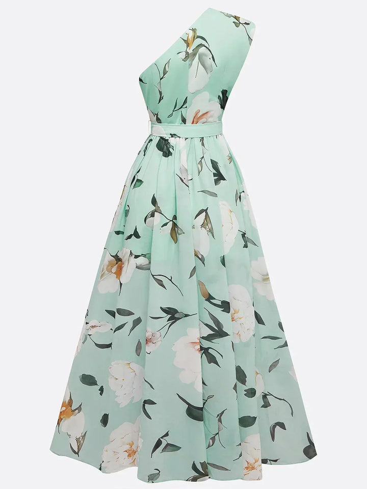 Julie | Vestido maxi de gasa floral verde claro con un solo hombro