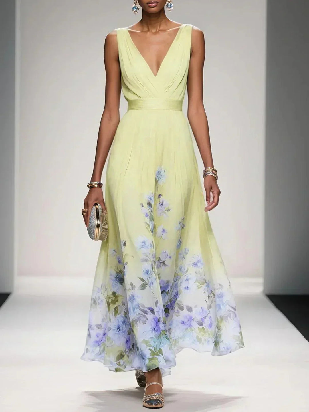 Rose | Vestido maxi de gasa floral azul claro con escote en V
