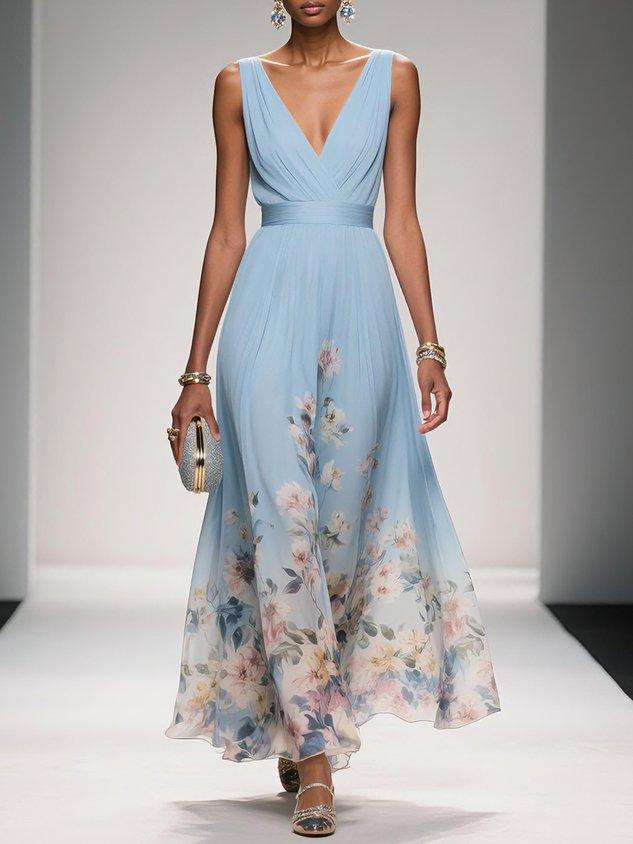 Rose | Vestido maxi de gasa floral azul claro con escote en V