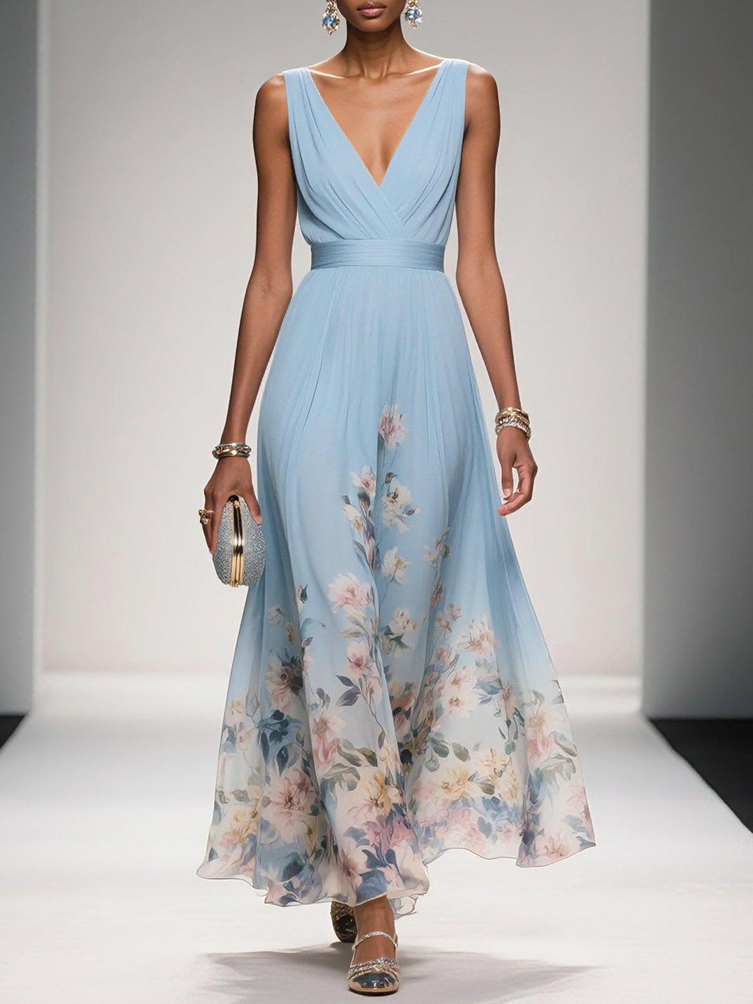 Rose | Vestido maxi de gasa floral azul claro con escote en V