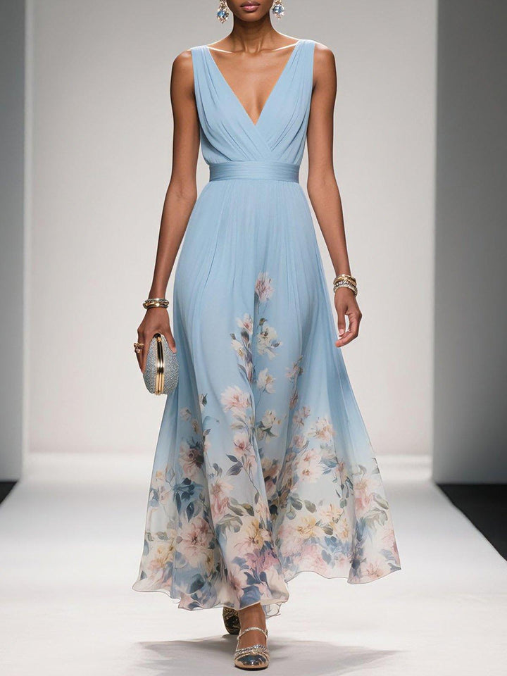 Rose | Vestido maxi de gasa floral azul claro con escote en V