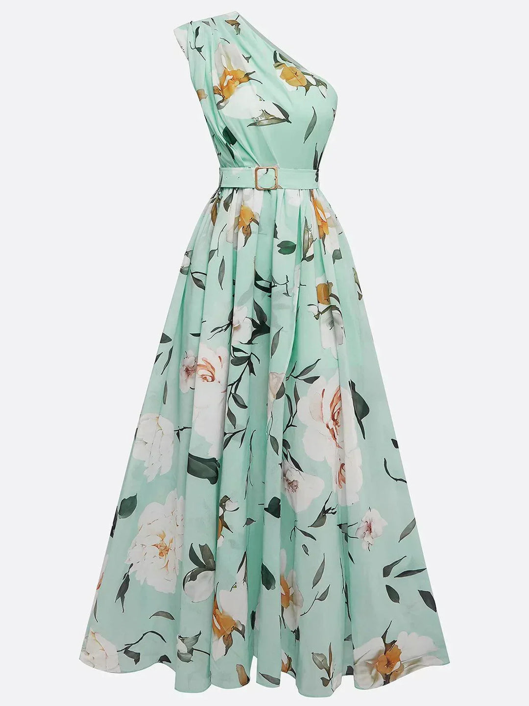 Julie | Vestido maxi de gasa floral verde claro con un solo hombro