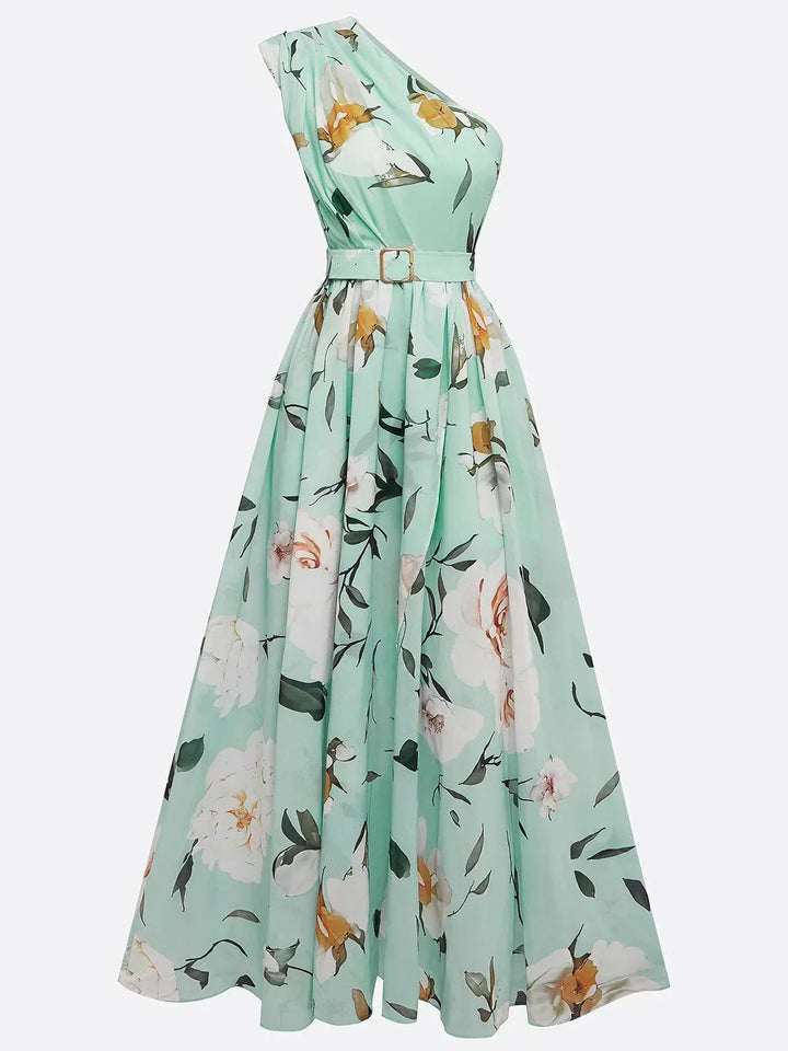 Julie | Vestido maxi de gasa floral verde claro con un solo hombro