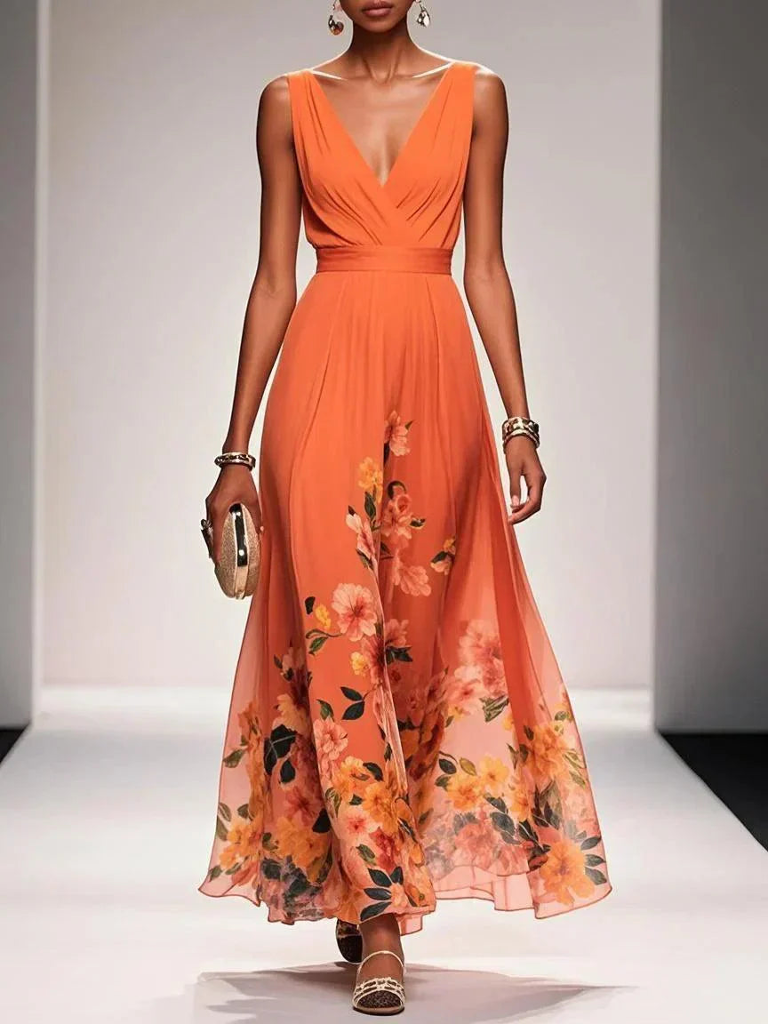 Rose | Vestido maxi de gasa floral azul claro con escote en V