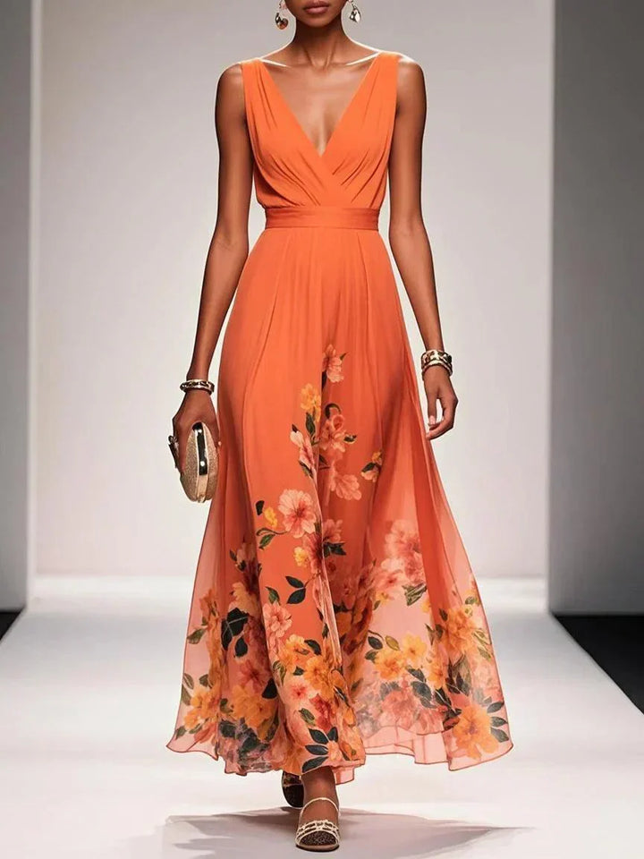 Rose | Vestido maxi de gasa floral azul claro con escote en V