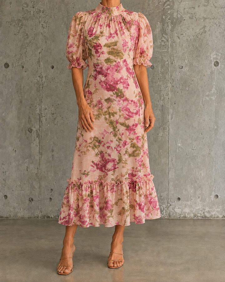Mae | Vestido maxi con estampado de rosas vintage y mangas abullonadas