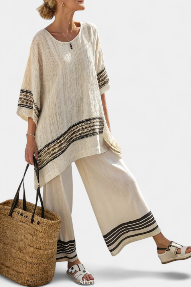 Mariella | Top elegante de lino con rayas negras y pantalones fluidos