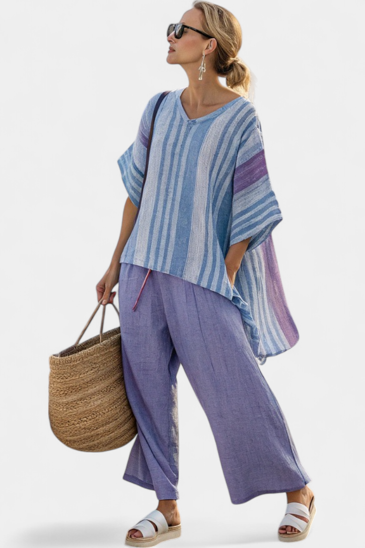 Carlotta | Top elegante en lavanda y azul cielo con pantalón de lino