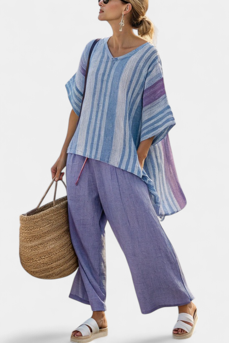 Carlotta | Top elegante en lavanda y azul cielo con pantalón de lino