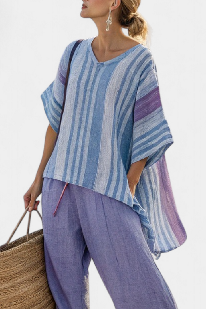 Carlotta | Top elegante en lavanda y azul cielo con pantalón de lino