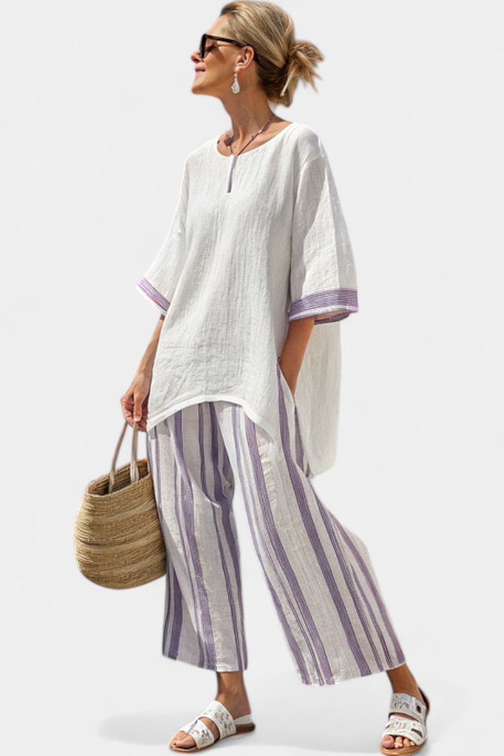 Allegra | Camiseta cómoda y pantalones de bambú a rayas
