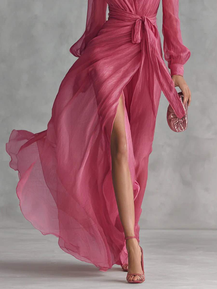 Beatrice | Vestido largo elegante de gasa con escote en V y cintura con lazo