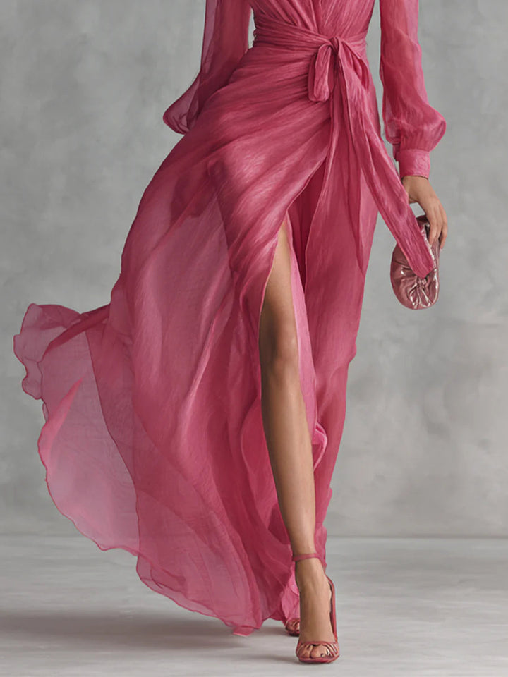Beatrice | Vestido largo elegante de gasa con escote en V y cintura con lazo