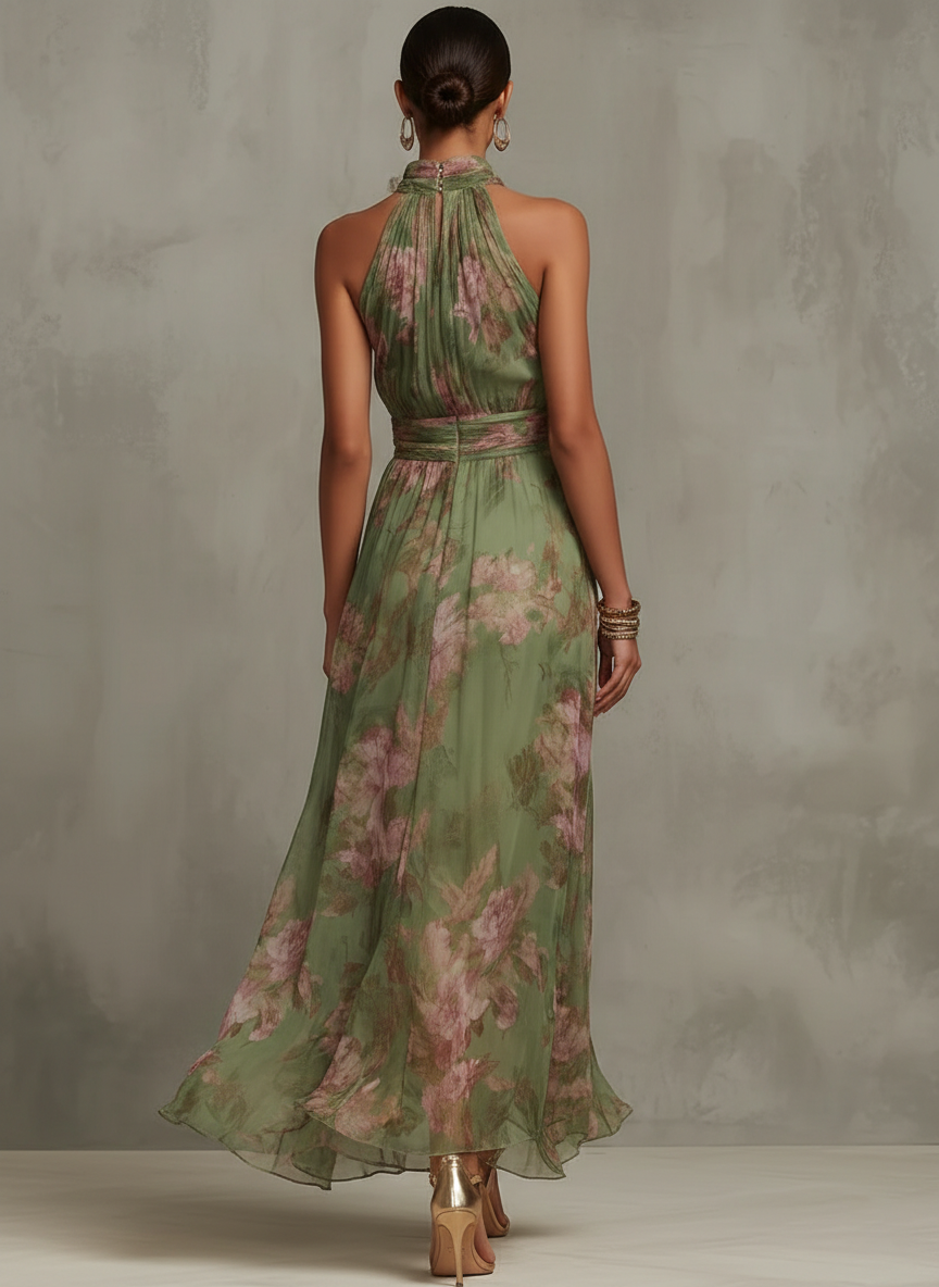 Florence | Vestido maxi de gasa floral verde con cuello halter