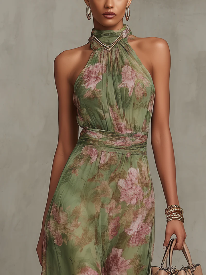 Florence | Vestido maxi de gasa floral verde con cuello halter