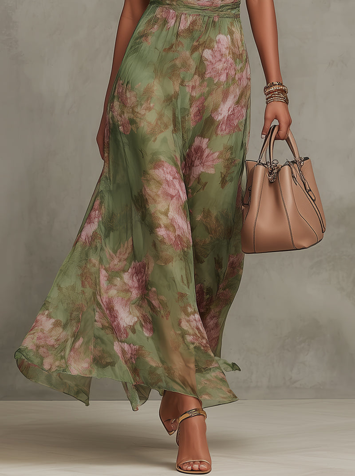 Florence | Vestido maxi de gasa floral verde con cuello halter