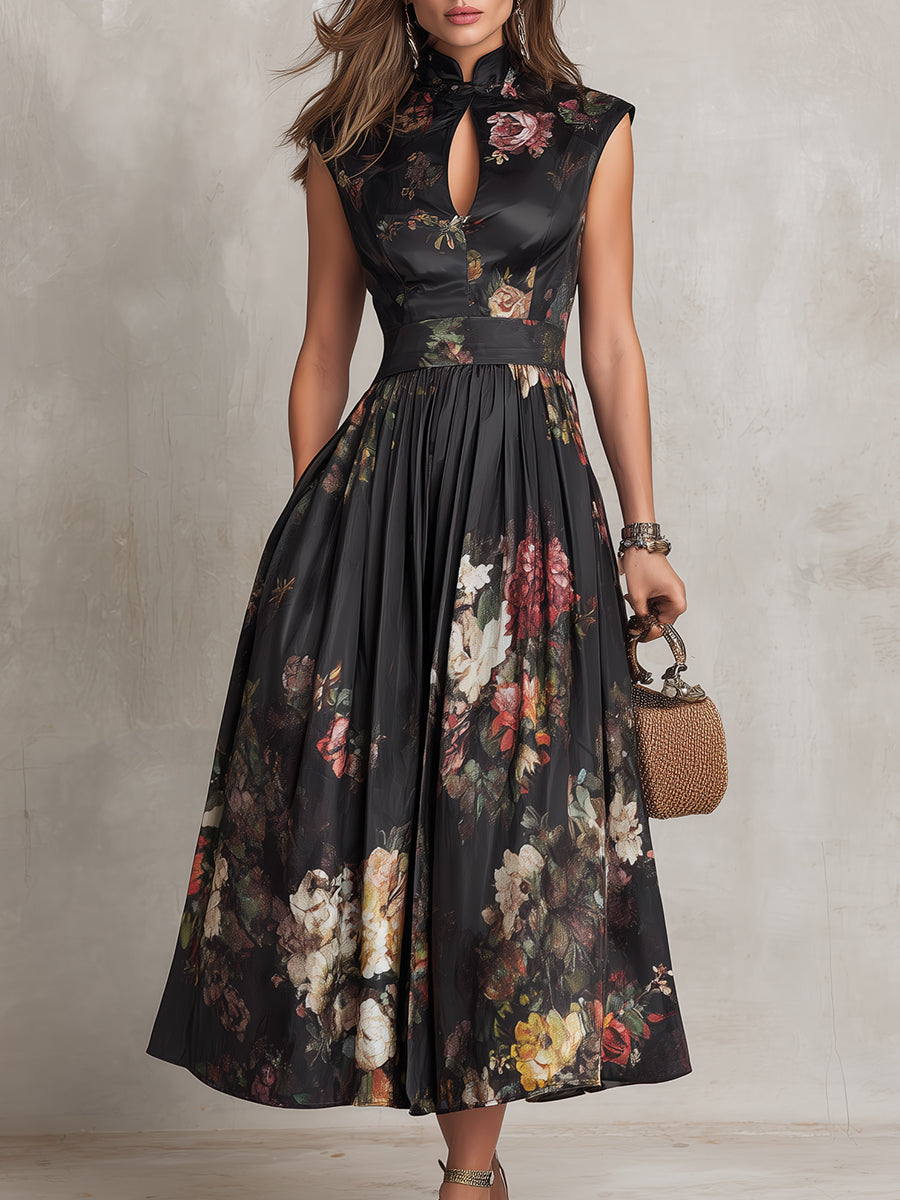 Patricia | Vestido midi plisado de satén floral negro