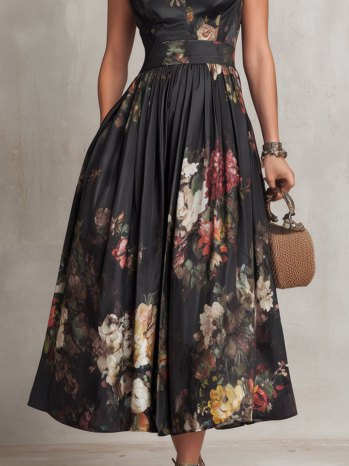 Patricia | Vestido midi plisado de satén floral negro