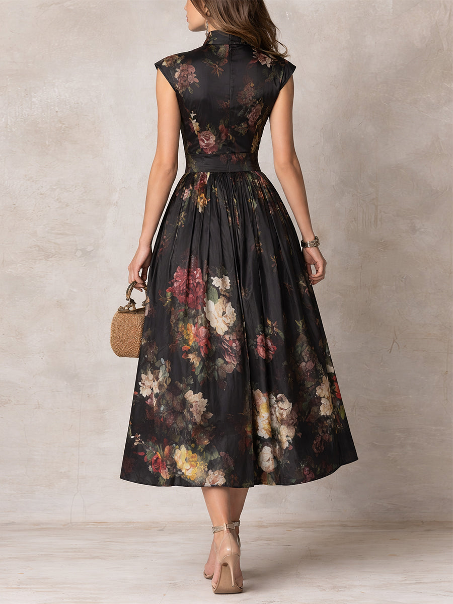 Patricia | Vestido midi plisado de satén floral negro