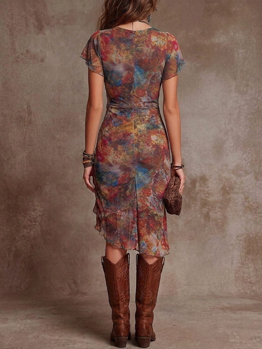 Judy | Vestido midi plisado bohemio con escote en V y estampado abstracto