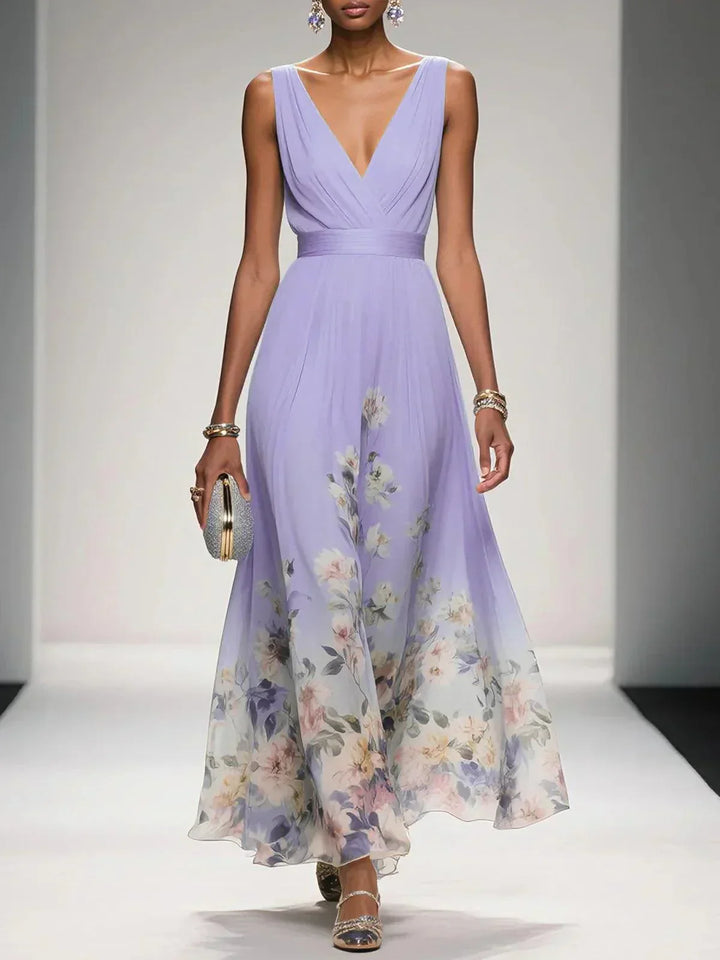 Rose | Vestido maxi de gasa floral azul claro con escote en V