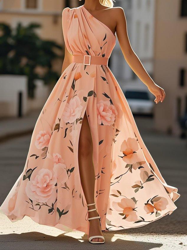 Julie | Vestido maxi de gasa floral verde claro con un solo hombro