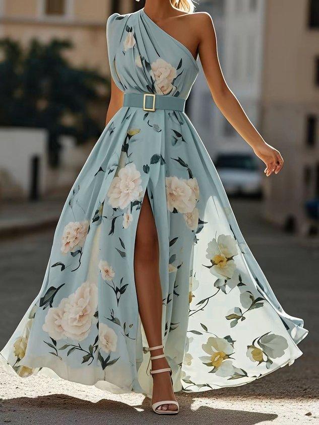 Julie | Vestido maxi de gasa floral verde claro con un solo hombro