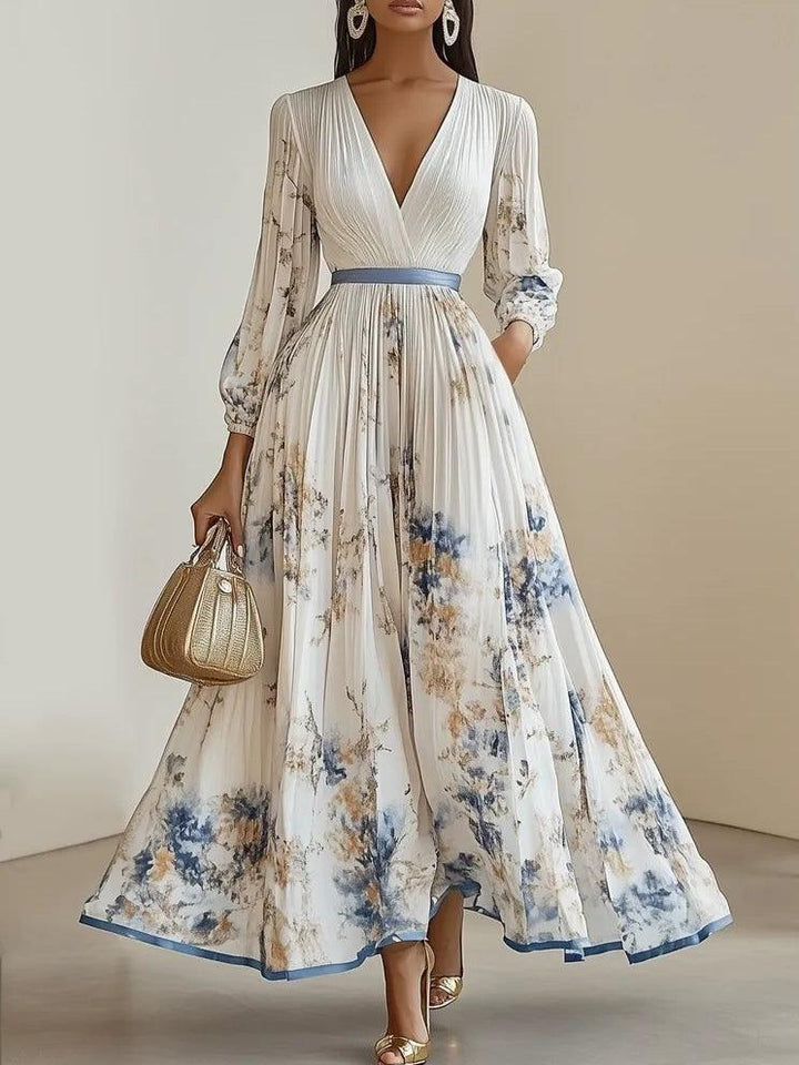 Amalia | Vestido maxi de gasa floral blanco con mangas abullonadas