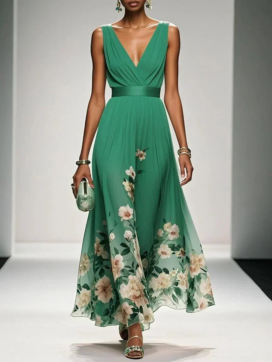 Rose | Vestido maxi de gasa floral azul claro con escote en V