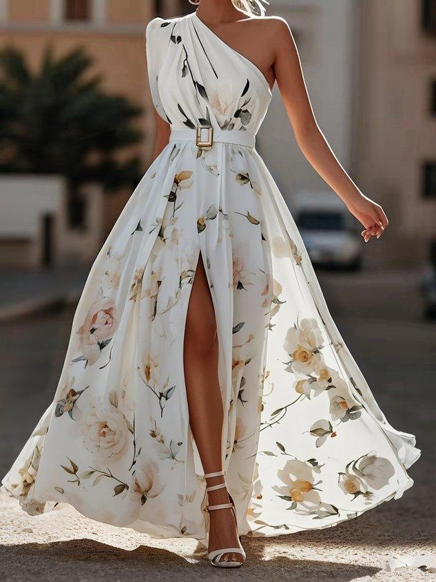 Julie | Vestido maxi de gasa floral verde claro con un solo hombro