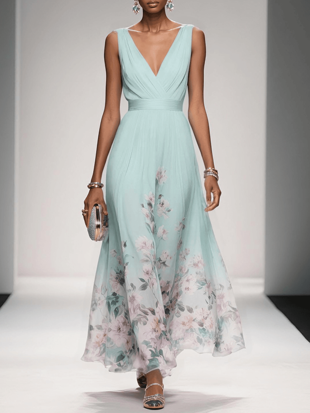 Rose | Vestido maxi de gasa floral azul claro con escote en V