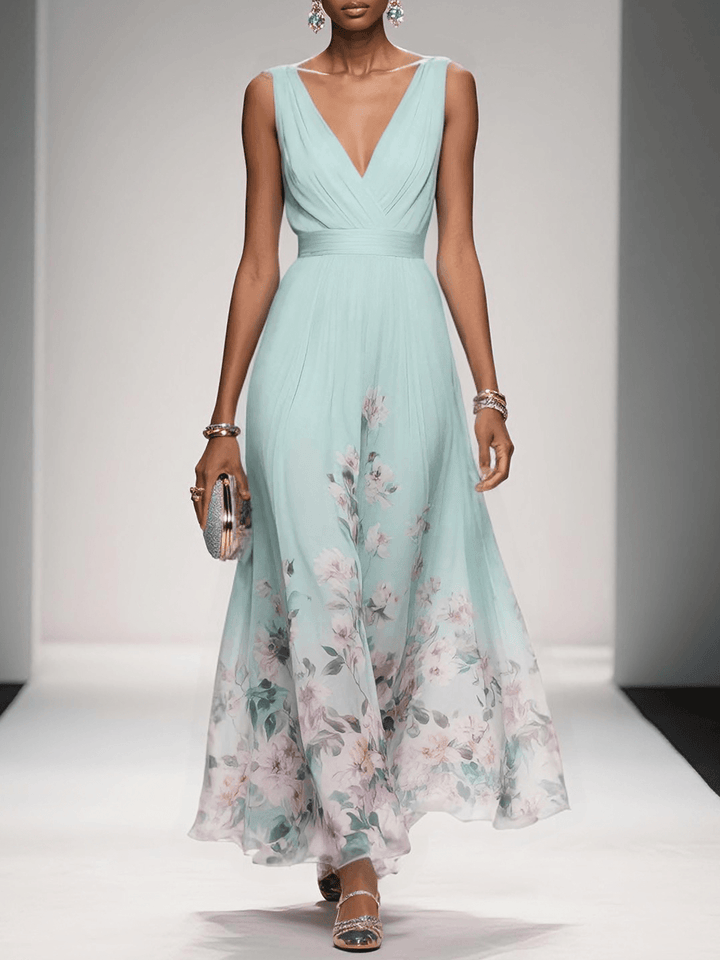 Rose | Vestido maxi de gasa floral azul claro con escote en V