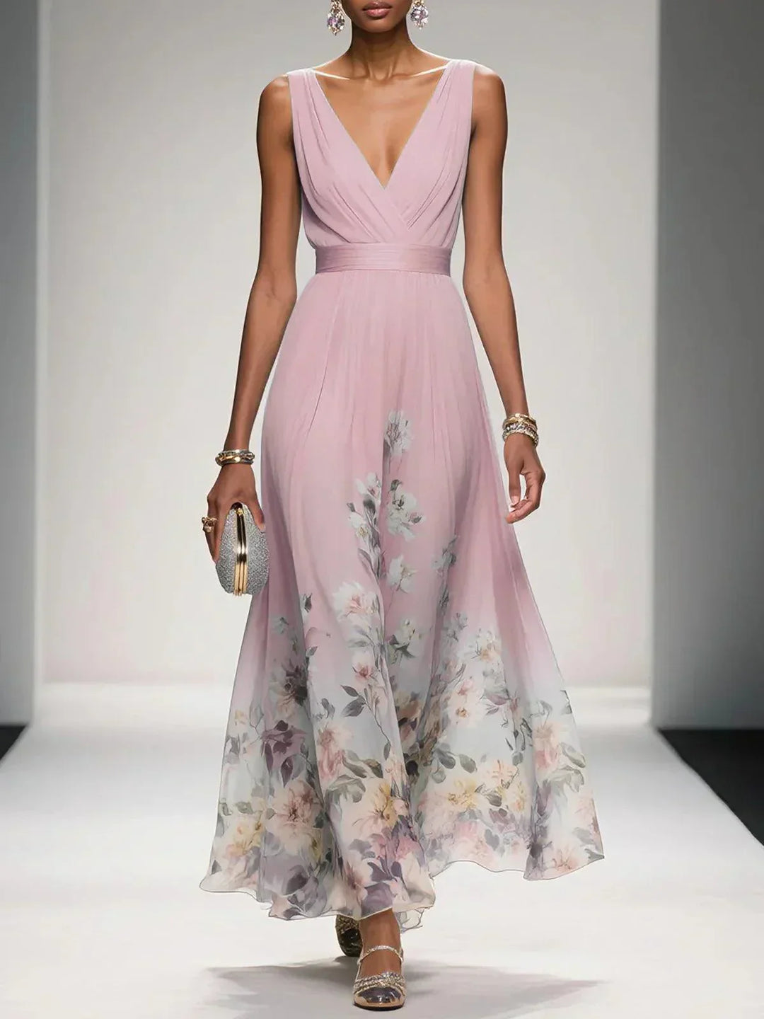 Rose | Vestido maxi de gasa floral azul claro con escote en V