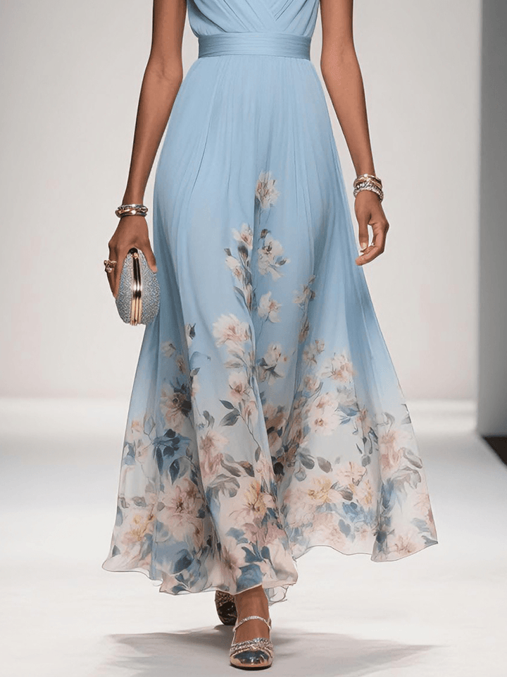 Rose | Vestido maxi de gasa floral azul claro con escote en V