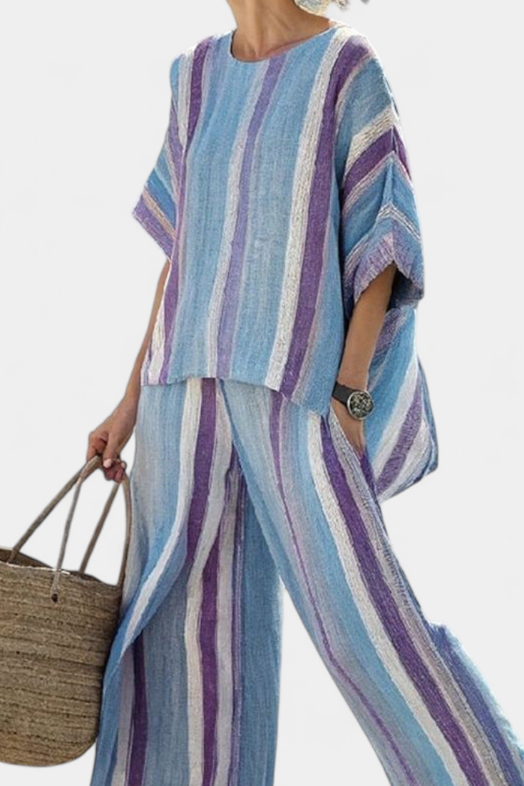Ginevra | Top elegante en tono malva pastel y pantalones de lino a rayas