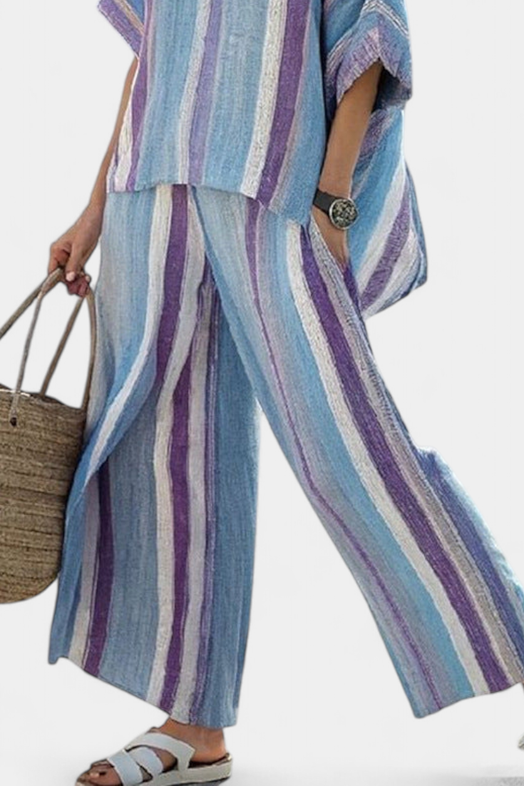 Ginevra | Top elegante en tono malva pastel y pantalones de lino a rayas