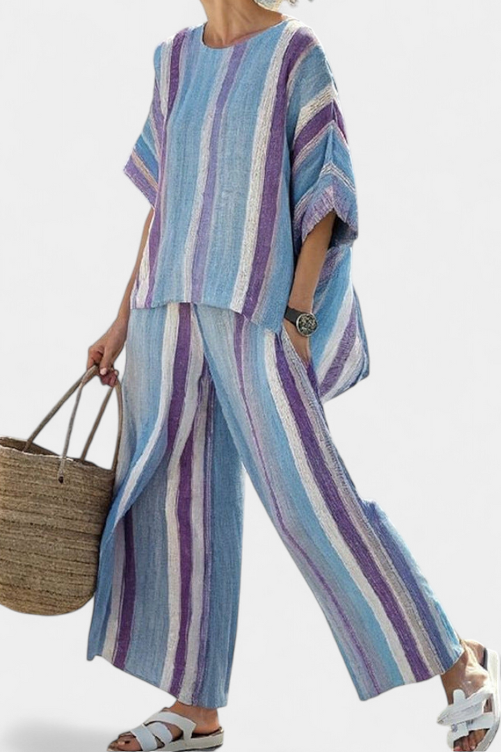Ginevra | Top elegante en tono malva pastel y pantalones de lino a rayas